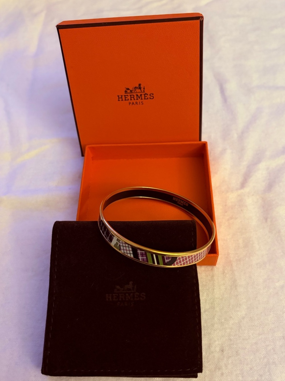Hermes Multicolor Enamel Narrow Bangle with Orange Box